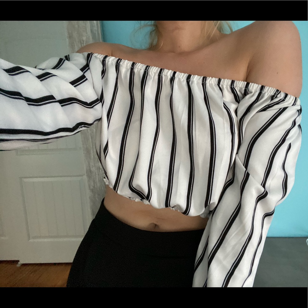 Black and white off the shoulder striped crop top